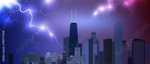 Chicago downtown business and finance area background with skyscrapers on storm background with lightnings. USA urban cityscape. Vector illustration EPS10