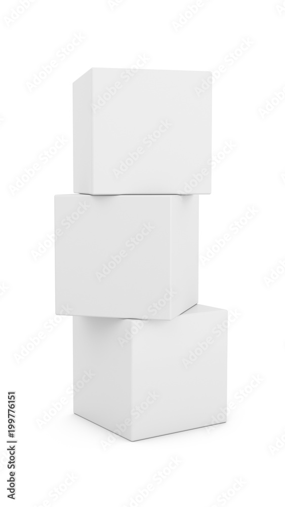 3D Rendering Stack of three White Boxes on white background 3D Rendering Stack of three White Boxes on white background