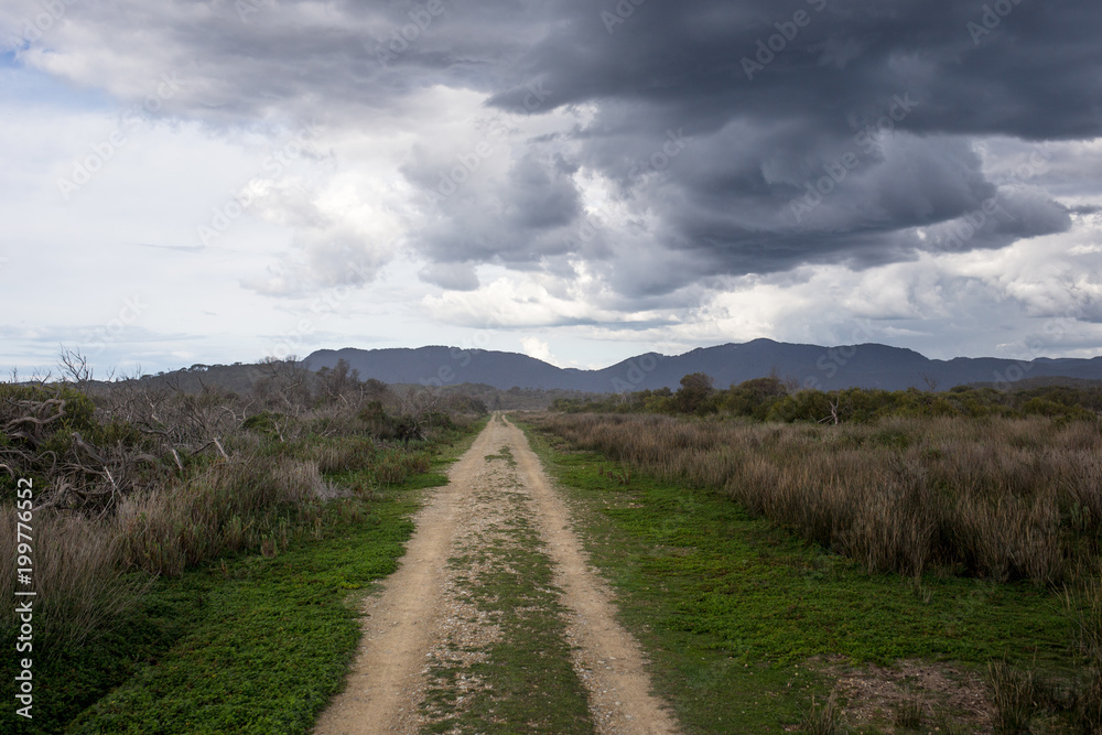 Long straight dirt road under dramatic clouds
