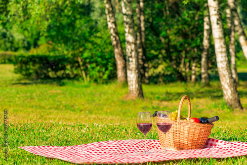 checkered tablecloth on a green lawn in the park with a basket for a picnic. In the basket fruit and red wine