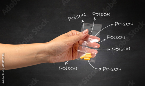 Hand with pills in plastic bag and blackboard wallpaper photo