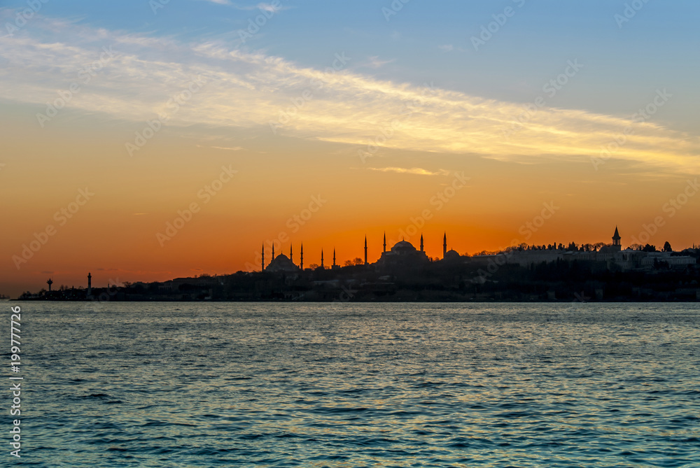 Istanbul, Turkey, 23 January 2012: The Topkapi Palace and Hagia Sophia at sunset
