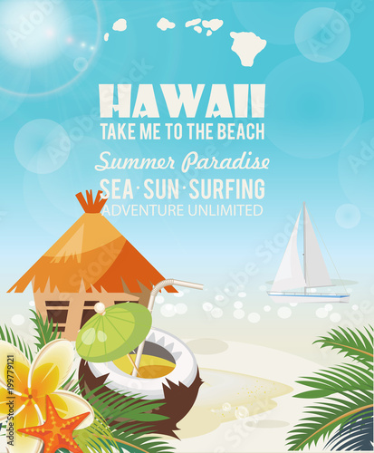 Hawaii vector travel illustration with colorful background. Summer template. Beach resort. Sunny vacations