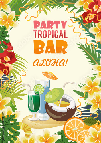 Hawaii vector travel illustration with colorful background. Summer template. Beach resort. Sunny vacations. Tiki bar