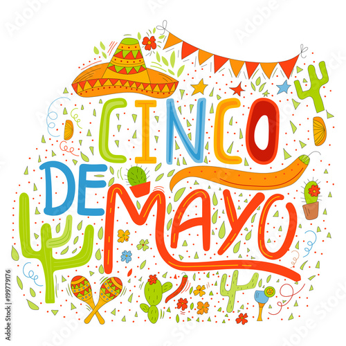 Banner or card for Cinco de Mayo celebration. Holiday poster with hand drawn calligraphy lettering,
