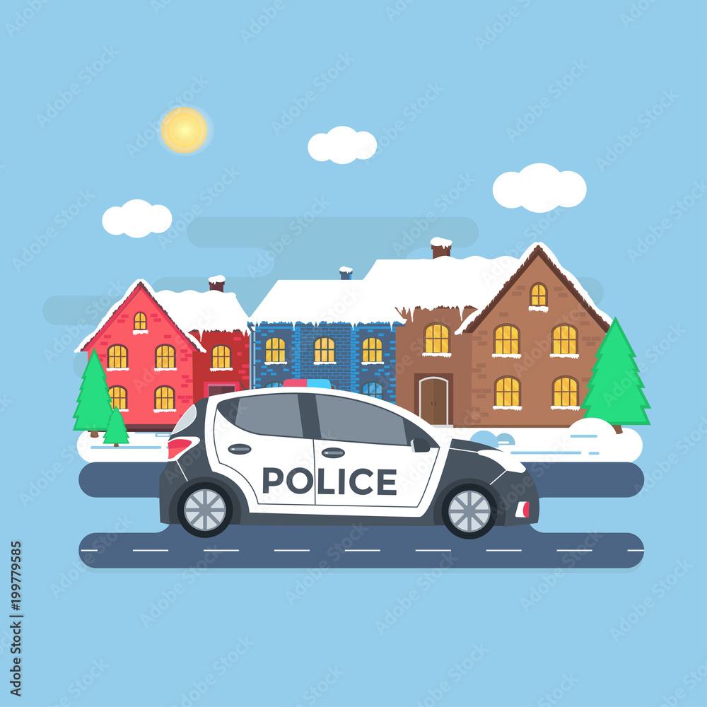 Obraz premium Police patrol on a road with police car, officer, house, nature landscape.