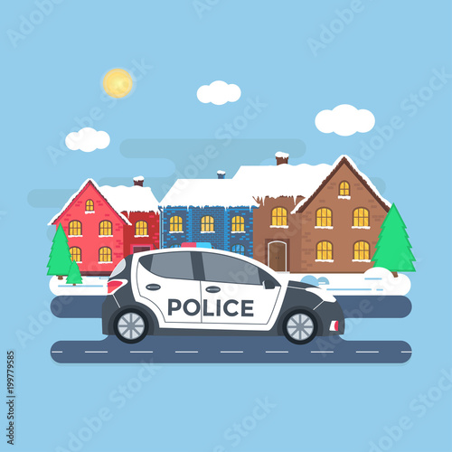 Police patrol on a road with police car, officer, house, nature landscape.