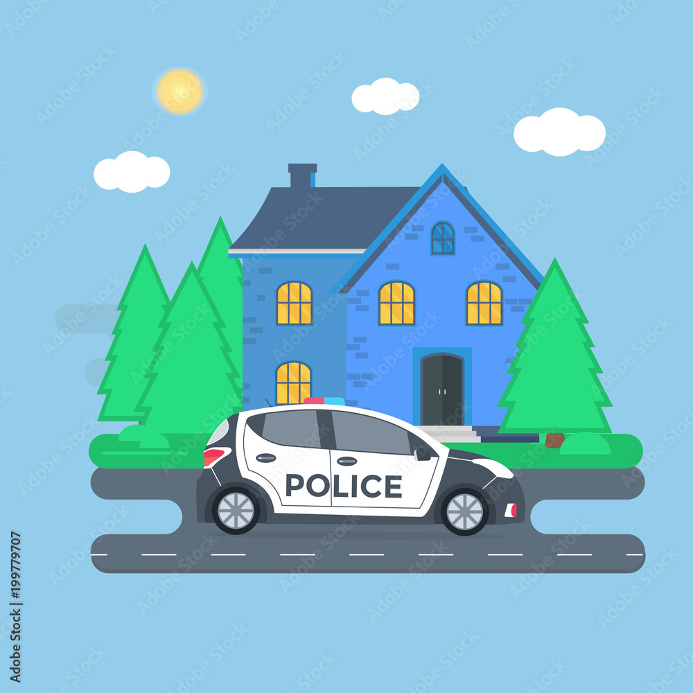 Police patrol on a road with police car, officer, house, nature landscape.