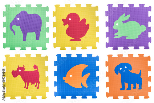 Colourful animal puzzles. Animal puzzle pieces isolated on white background. Animal learning block for children education.