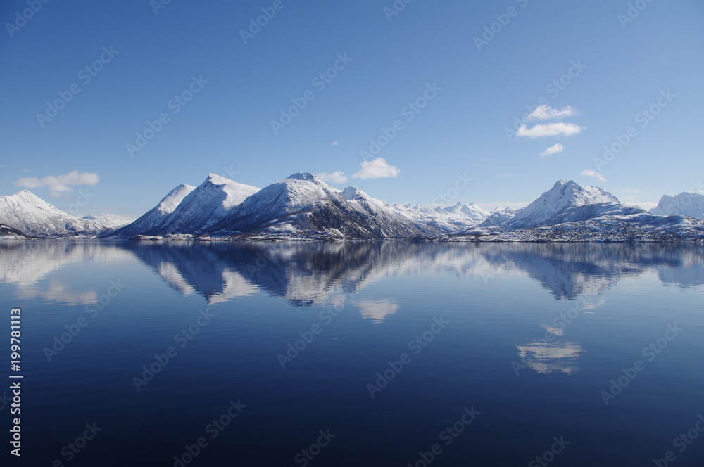 Berge spiegeln sich im Fjord in Norwegen 