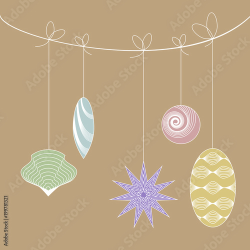 Vintage christmas toys hanging on a strings. Objects grouped and named in English. No mesh, gradient, transparency used.