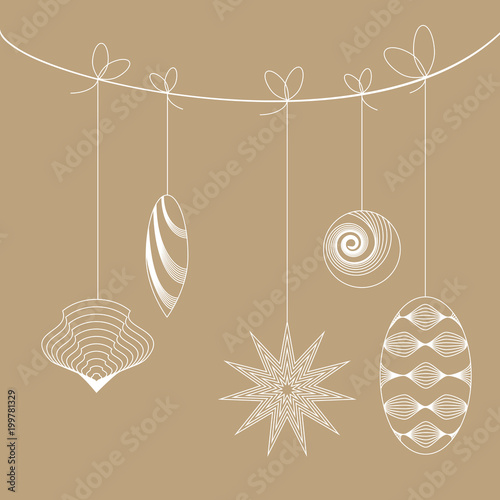 Vintage christmas toys hanging on a strings. Objects grouped and named in English. No mesh, gradient, transparency used.