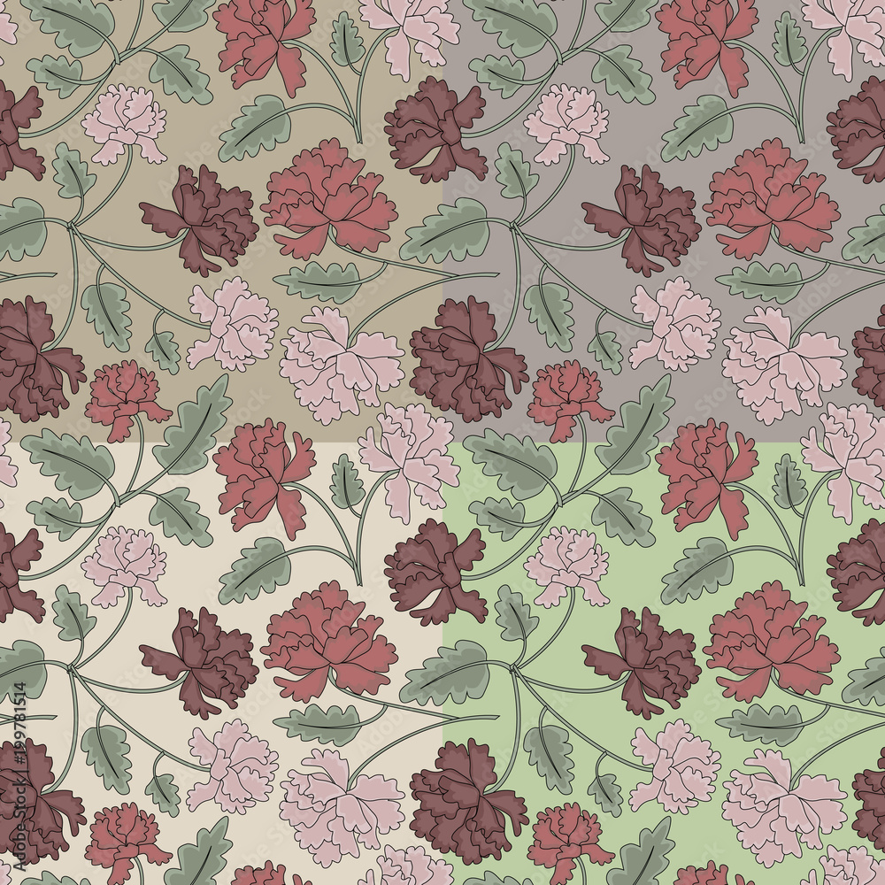Vintage peony flowers and leaves seamless pattern. 4 variant of background color. no mesh. gradient, transparency used. Objects grouped and named in English.