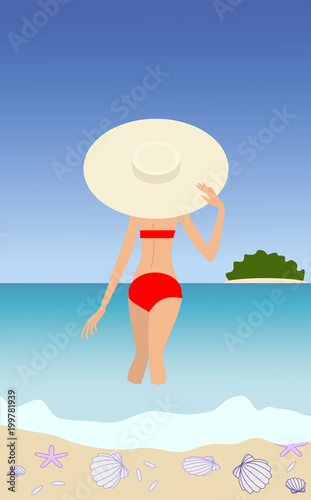 Illustration of woman in red swimsuit and big hat staying at seaside.