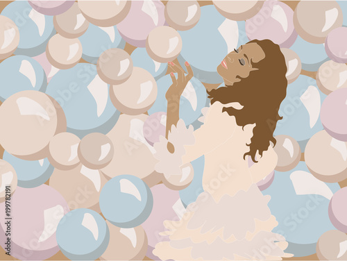 Vector illustration of young girl touching one of the plenty colorful bubbles around her Objects grouped and named in English. No mesh and transparency used.