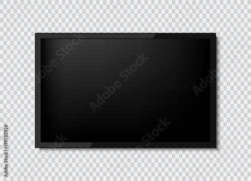 Realistic TV screen. Modern stylish lcd panel, led type. Large computer monitor display mockup. Blank television template. Graphic design element for catalog, web site, as mock up. Vector illustration
