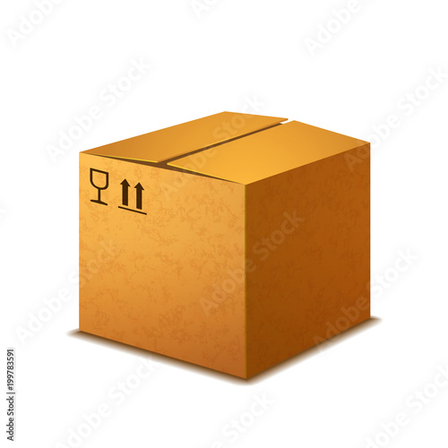 Bright realistic cardboard box with cargo signs on white