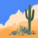 Mexico pattern with opuntia, agave, and saguaro cacti. Mountains background. Place for text