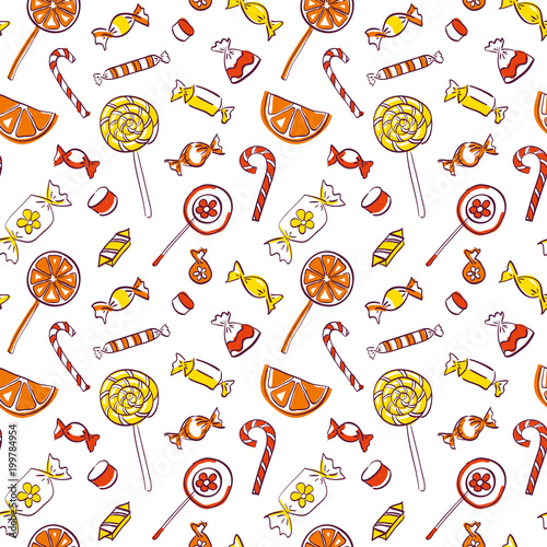 The seamless vector pattern with hand drawn sweets. Candy