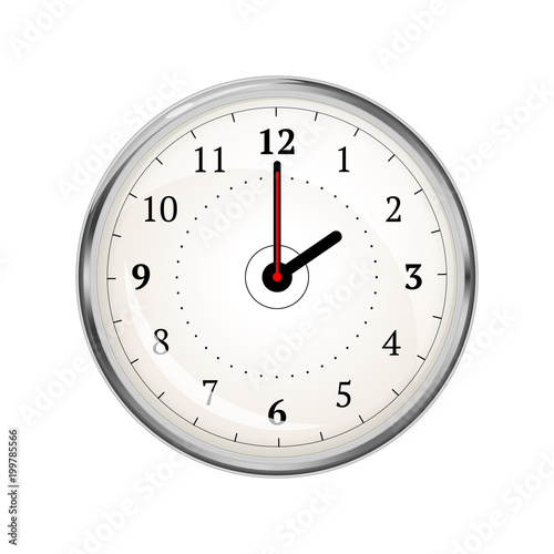 Realistic clock face showing 02-00 on white
