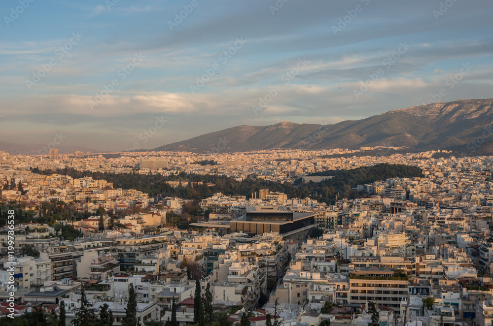 Panorama of Athens city with new Acropolis Museum from Acropolis hill, Athens,Greece