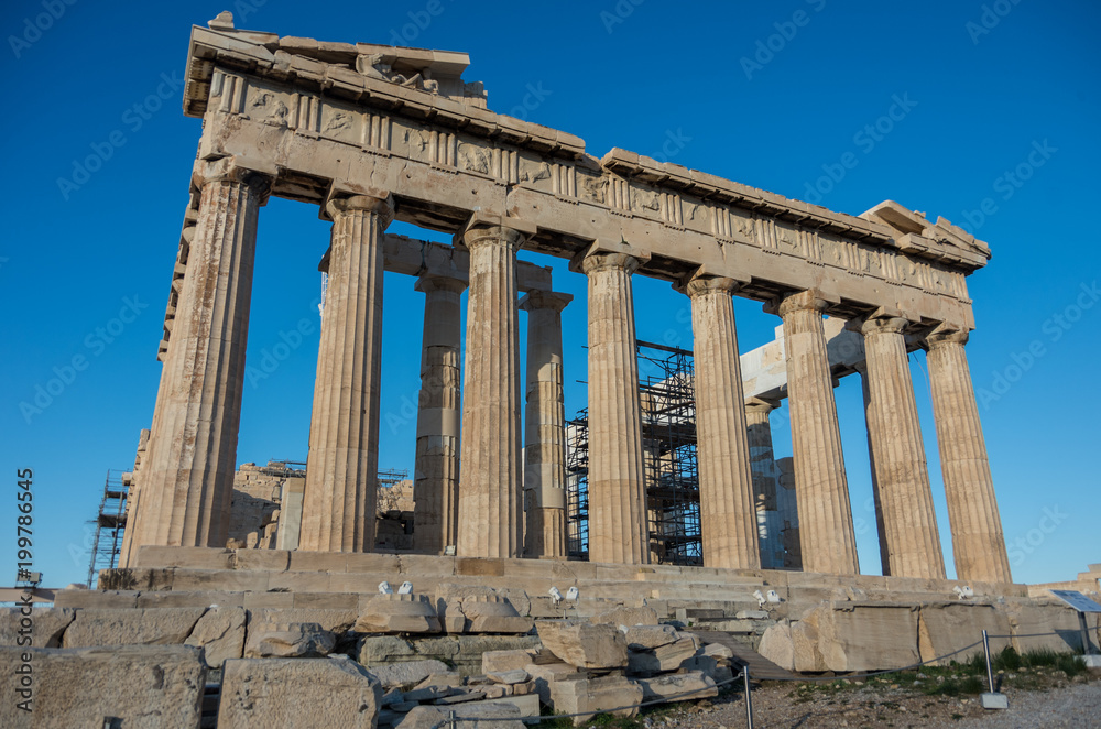 Parthenon temple on a bright day. Acropolis in Athens, Greece