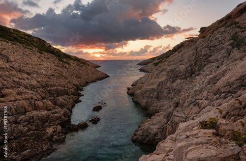 Landscape view of rocky formations Korakonisi in Zakynthos, Greece.Beautiful summer sunset, magnificent seascape.