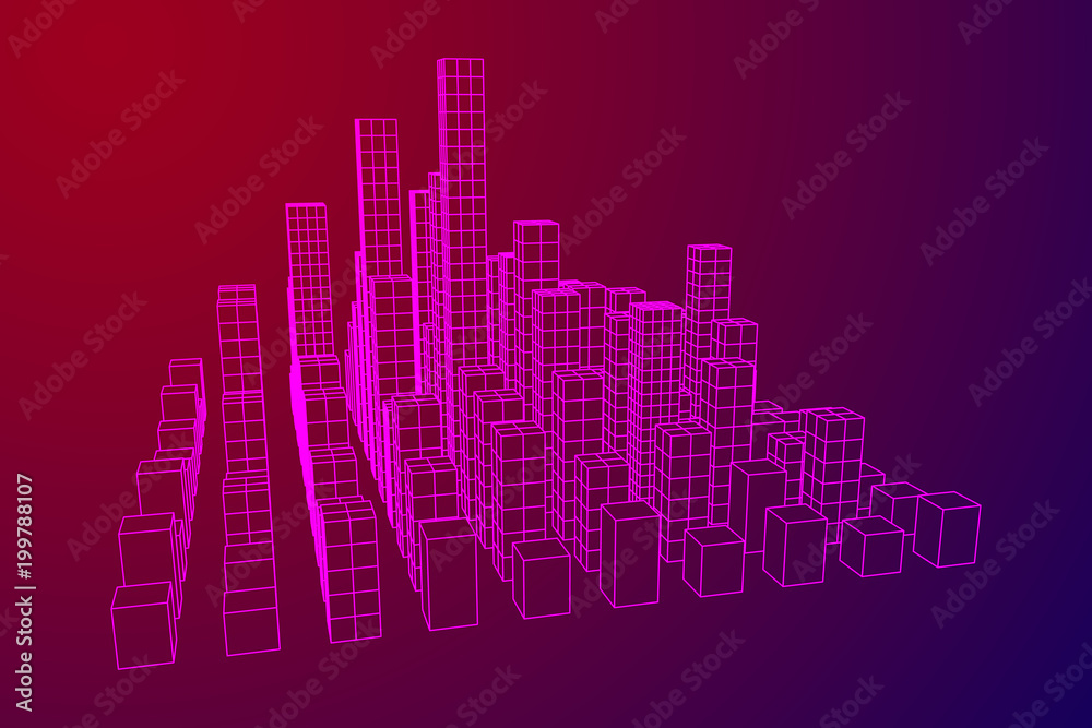 Mesh low poly wireframe cubes array like skyscraper city. Connected lines town. Connection Box Structure. Digital Data Visualization Concept. Vector Illustration. Mesh low poly wireframe cubes array like skyscraper city. Connected lines town. Connection Box Structure. Digital Data Visualization Concept. Vector Illustration.