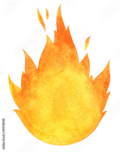 Watercolor fire background isolated on white. Tongues of flame, template for text or lettering. Hand drawn yellow and orange aquarelle burning bonfire, campfire silhouette with sparks.