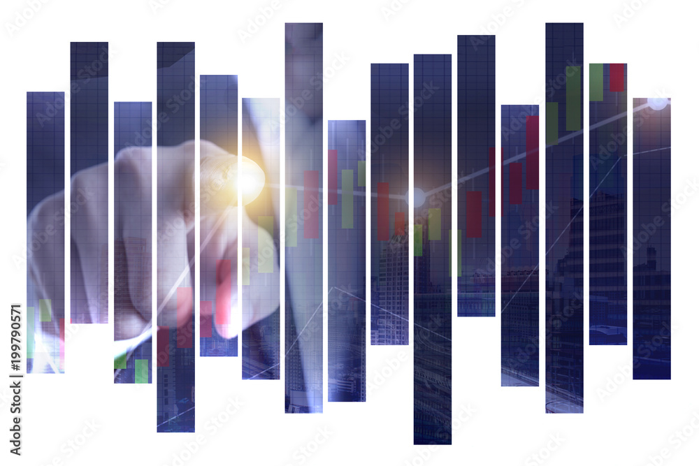 Obraz premium Double explosure Business man hand pointing on a touch virtual screen interface on Abstract city view Backgorund,Teamwork and finance concept