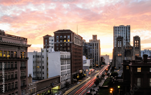 Long exposure of California Street in San Francisco during sunset