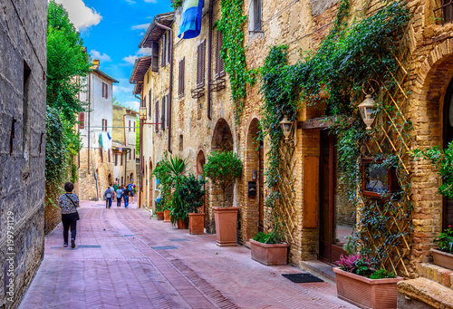 Old street in San Gimignano  Tuscany  Italy. San Gimignano is typical Tuscan medieval town in Italy