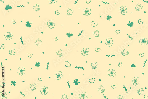 Cute green botanicals and heart shape pattern on pastel beige background in abstract style by doodle art hand drawing illustration. Concept about environment and plants for background or wallpaper.