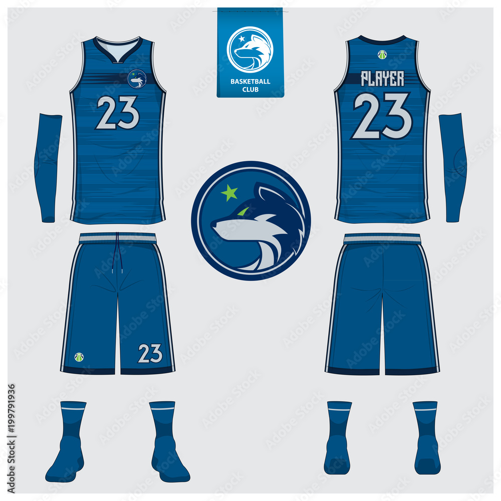 Fototapeta premium Basketball jersey or sport uniform template design for basketball club. Front and back view sport t-shirt design. Tank top t-shirt mock up with basketball flat logo design. Vector Illustration.