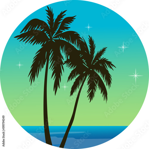 Fototapeta Naklejka Na Ścianę i Meble -  palm trees silhouette against the blue sunset in a circular frame