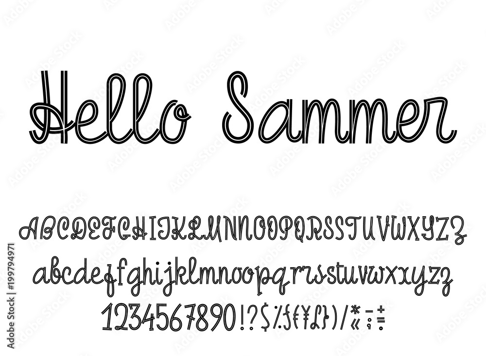 Latin alphabet Hello Summer. Font handwriting with upper and lowercase characters, numbers and symbols. Modern script of monolines.