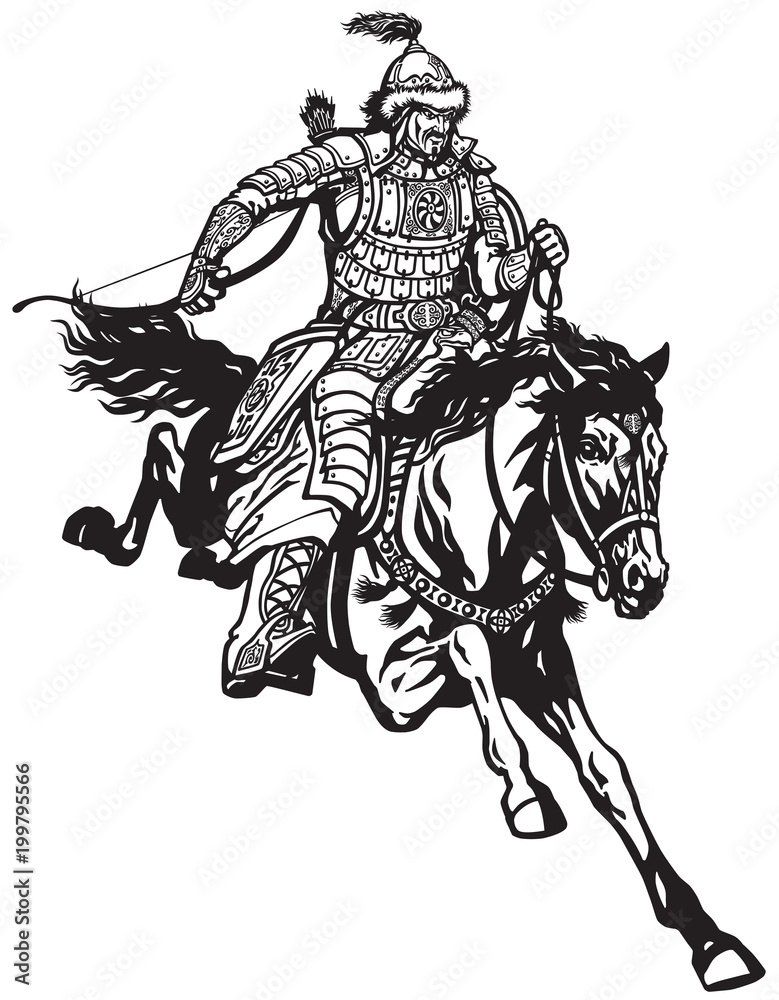 Mongolian archer warrior on a horseback riding a pony horse in the gallop and holding a bow .Medieval time of Genghis Khan . Black and white vector illustration Mongolian archer warrior on a horseback riding a pony horse in the gallop and holding a bow .Medieval time of Genghis Khan . Black and white vector illustration