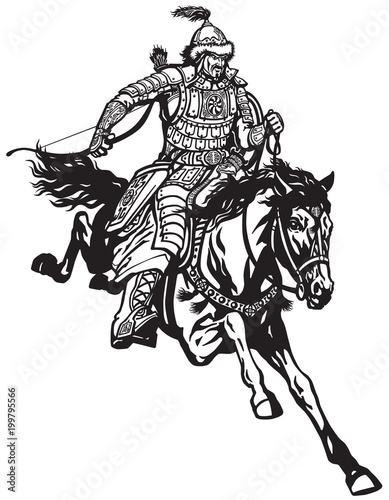 Mongolian archer warrior on a horseback riding a pony horse in the gallop and holding a bow .Medieval time of Genghis Khan . Black and white vector illustration