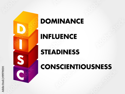 DISC, Dominance, Influence, Steadiness, Conscientiousness, acronym - personal assessment tool to improve work productivity, business and education concept