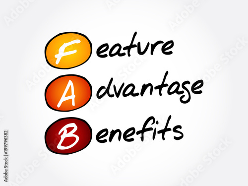 FAB - Feature Advantage Benefits acronym, business concept background