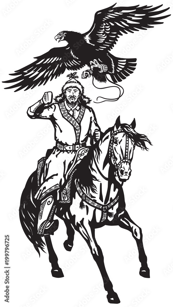 Asian hunter horseman sitting on a pony horseback and hunting with a golden eagle .Black and white vector illustration