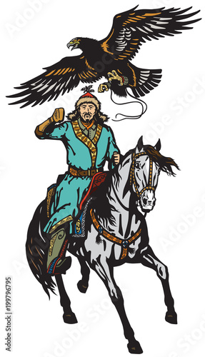 eagle hunter on a horse . Asian horseman sitting on a pony horseback and golden eagle in flight .Isolated vector illustration