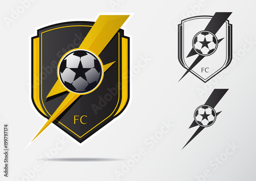 Soccer or Football Badge Logo Design for football team. Minimal design of golden thunderbolt and black and white soccer ball. Football club logo in lightning black and white icon. Vector Illustration.