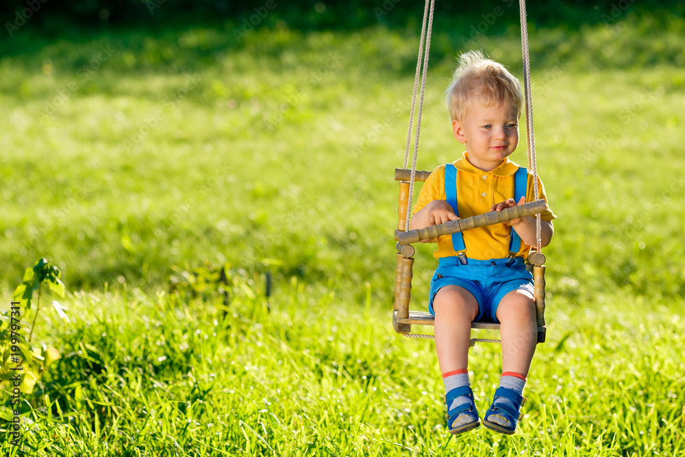 Rural scene with toddler boy swinging outdoors. Rural scene with toddler boy swinging outdoors.