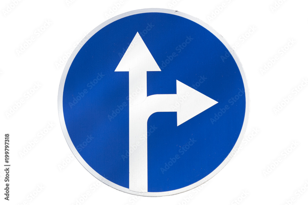 'Turn right and straight ahead' round blue road sign isolated on white. 'Turn right and straight ahead' round blue road sign isolated on white.