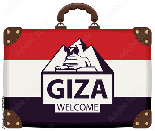 Vector travel banner with suitcase in colors of Egyptian flag with the pyramids, the sphinx and inscription Giza welcome