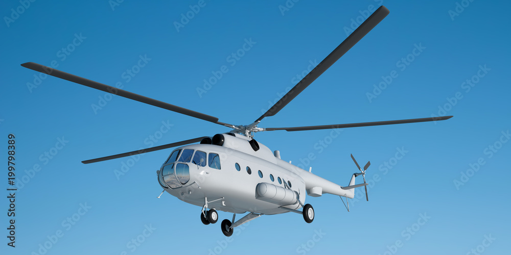 Fototapeta premium 3d illustration of Mi helicopter 8. Layout. A light gray helicopter flies in the blue sky. Illustration for branding. 3d modeling and 3d rendering