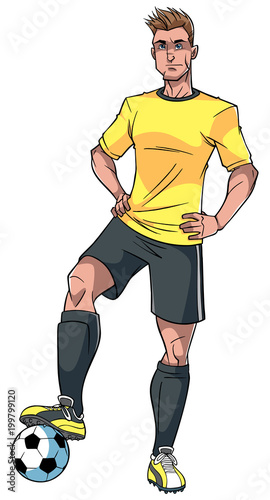Full length illustration of a determined and skilled football player posing confident with the soccer ball against white background for copy space