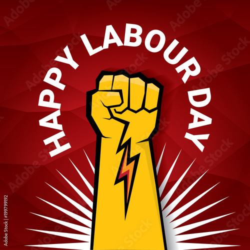 Happy labour day vector label with strong orange fist on red background. labor day background or banner with man hand. may day poster