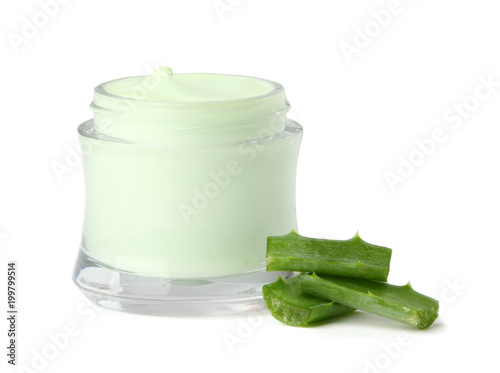 Jar of body cream with aloe extract on white background